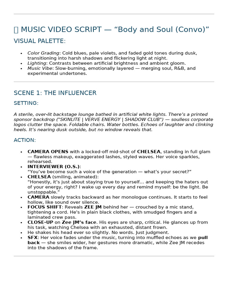 Music Video Script: "Body and Soul" | PDF