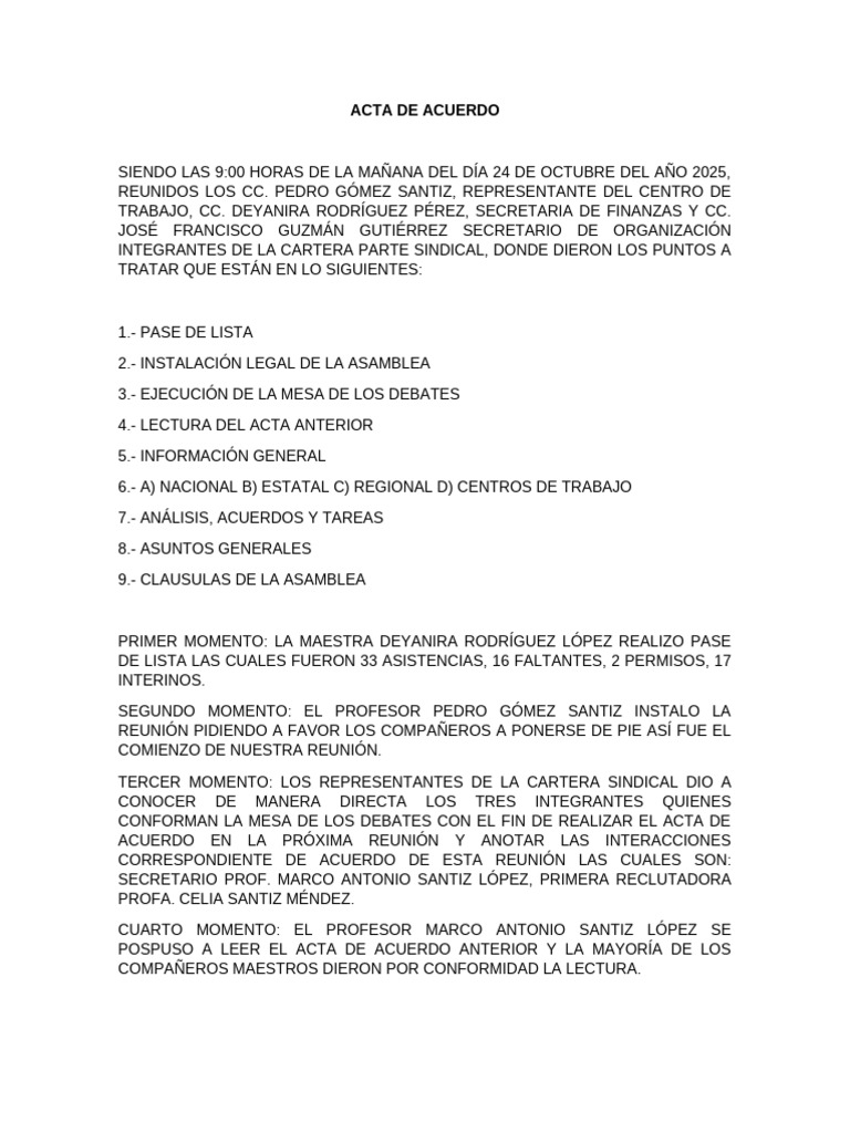 Acta de Acuerdo de Reunión Sindical | PDF
