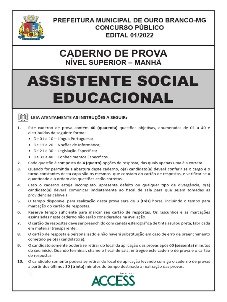 Prova Assistente Social Ouro Branco-MG | PDF | Trabalho social ...