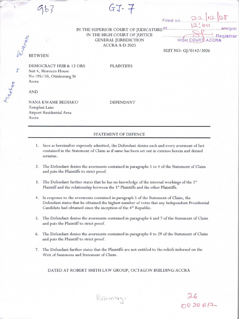 STATEMENT of DEFENCE - Democracy Hub V Nana Kwame Bediako | PDF