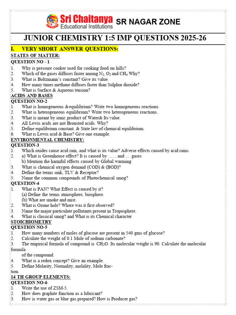 Junior Chemistry 2025-26: Key Questions | PDF | Chemical Bond | Molecules