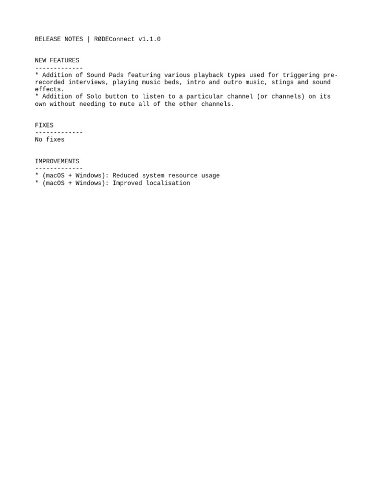 RØDEConnect v1.1.0 Release Notes | PDF