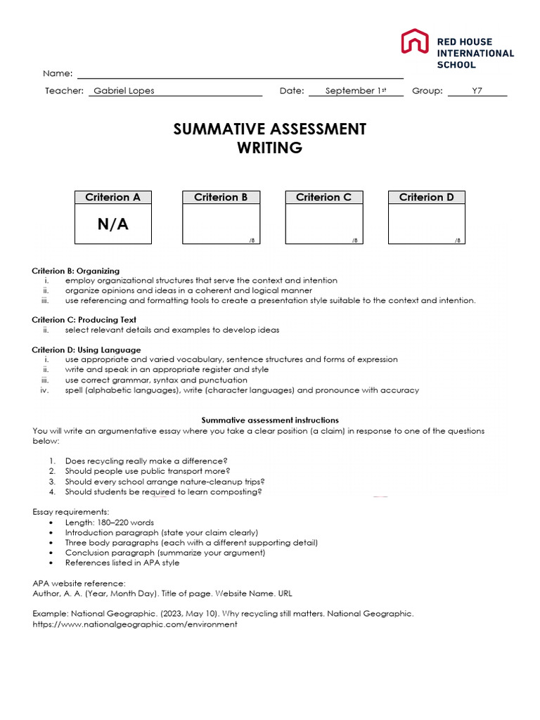 Argumentative Essay Assessment Guide | PDF