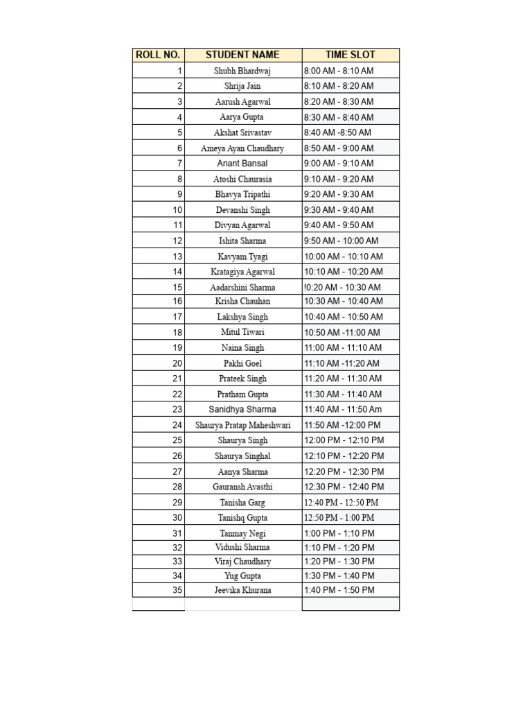 Student Time Slot Schedule | PDF