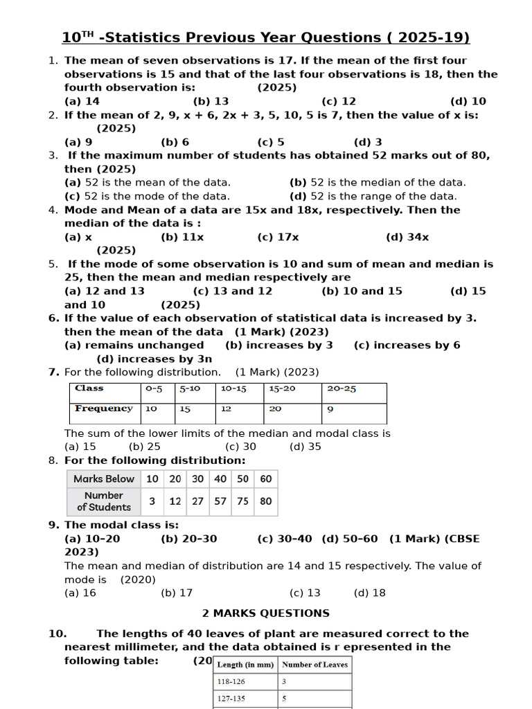 10th Grade Statistics Questions (2019-2025) | PDF | Mean | Mode ...