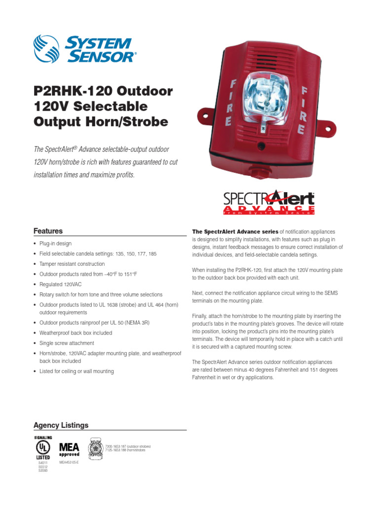 P2RHK-120 HornStrobe DataSheet AVDS017 | PDF | Electrical Engineering ...