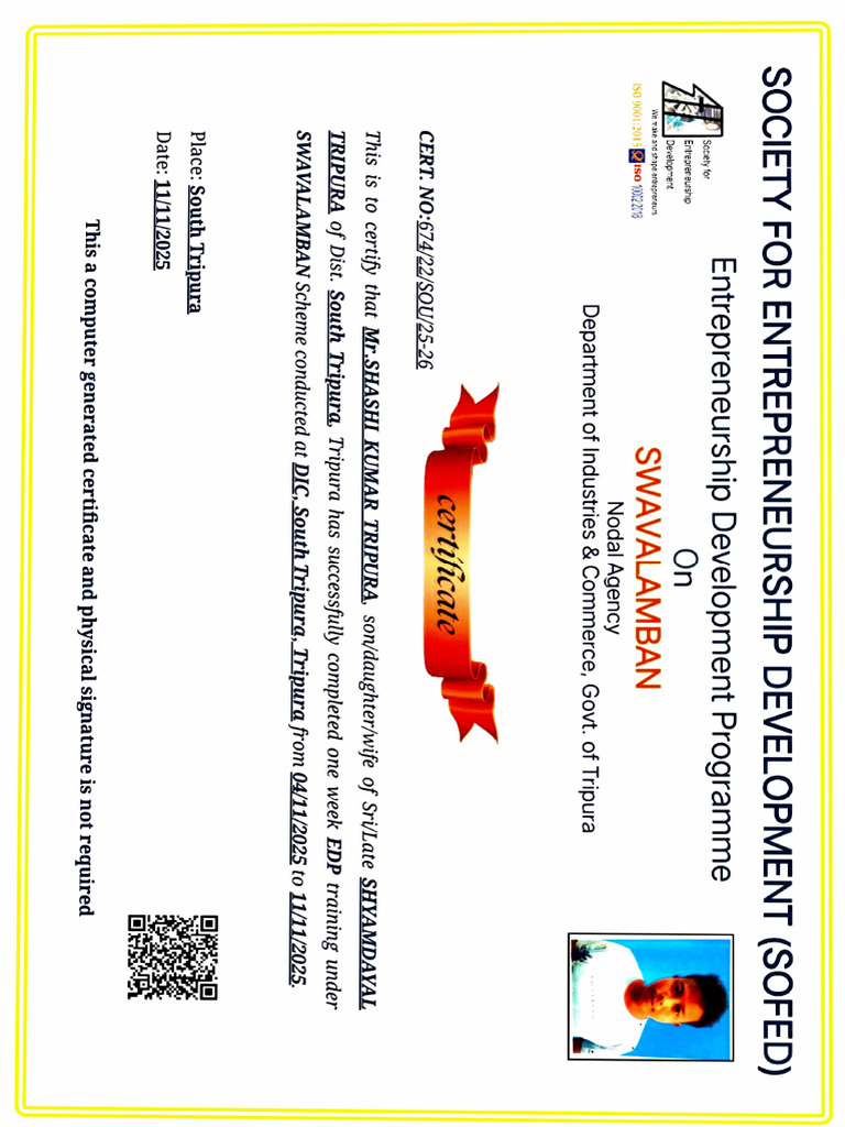 Entrepreneurship Training Certificate - SOFED | PDF