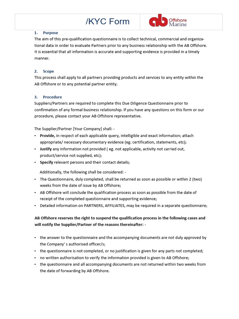 AB Offshore Due Diligence Process-KYC Form | PDF | Due Diligence ...