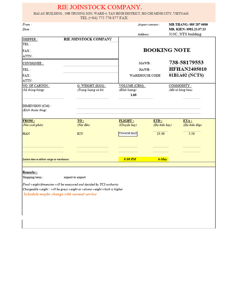 RIE Joinstock Company Shipping Details | PDF | Vietnam