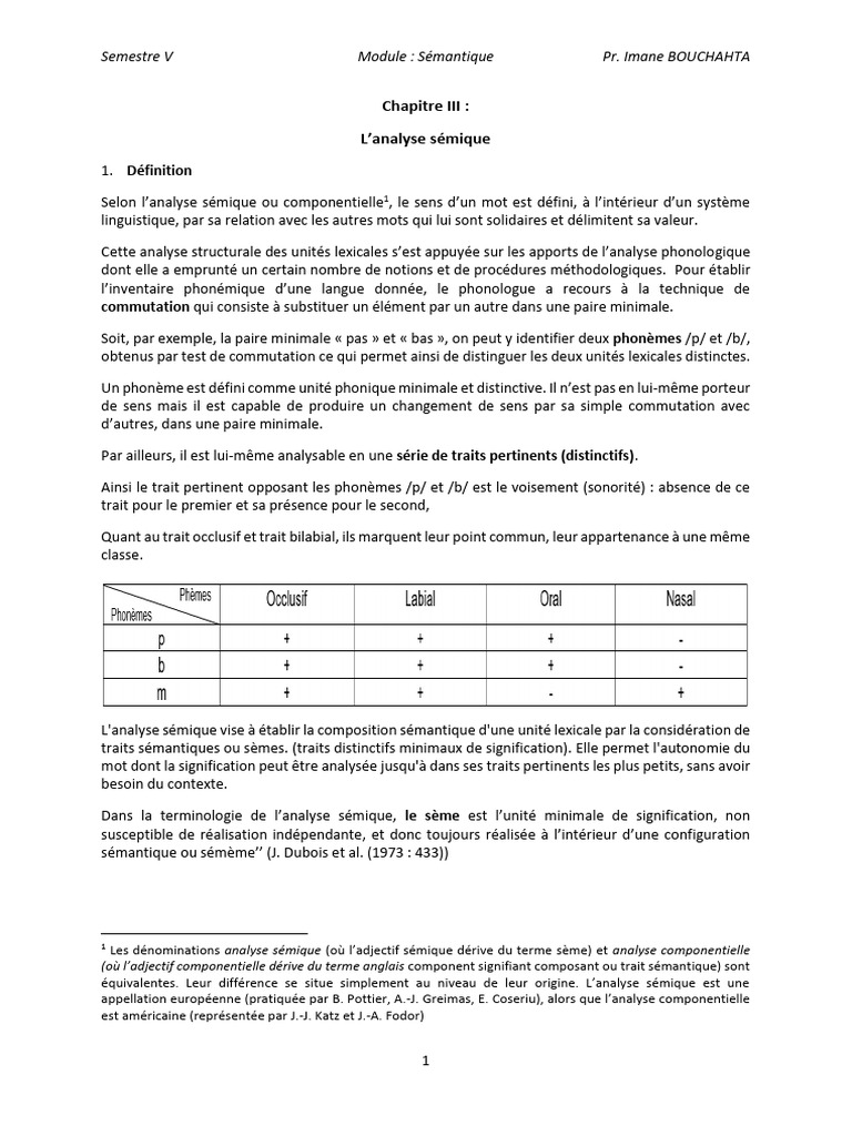 Analyse sémique des unités lexicales | PDF | Phonologie | Linguistique