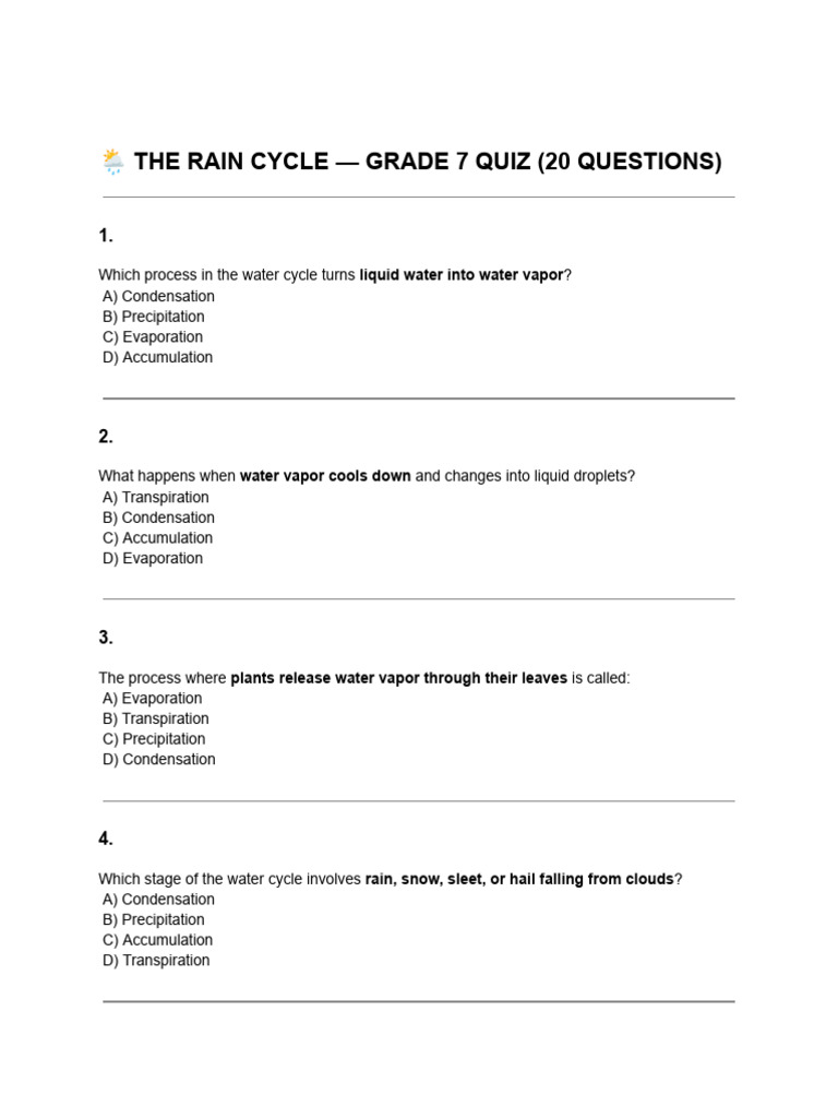 Grade 7 Rain Cycle Quiz: 20 Questions | PDF | Water Cycle | Water