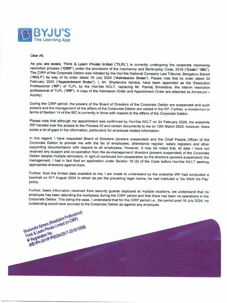 TLPL Letter to Employees - Copy | PDF