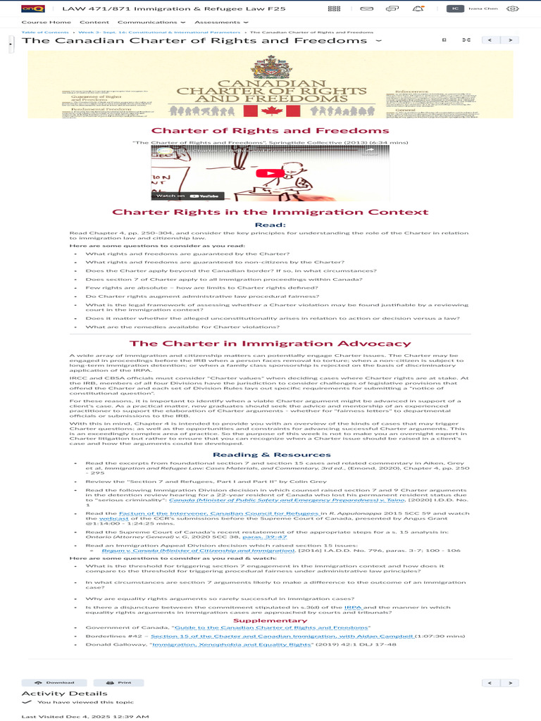 The Canadian Charter of Rights and Freedoms - LAW 471:871 Immigration