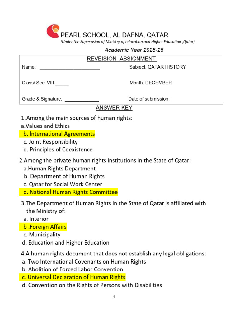 Qatar Human Rights Education Key Answers | PDF | Human Rights | Qatar