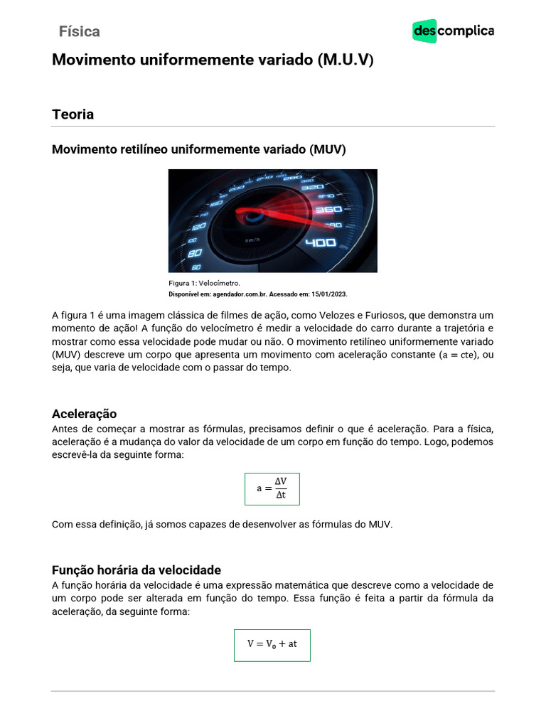 Movimento Uniformemente Variado (MUV) | PDF | Aceleração | Velocidade
