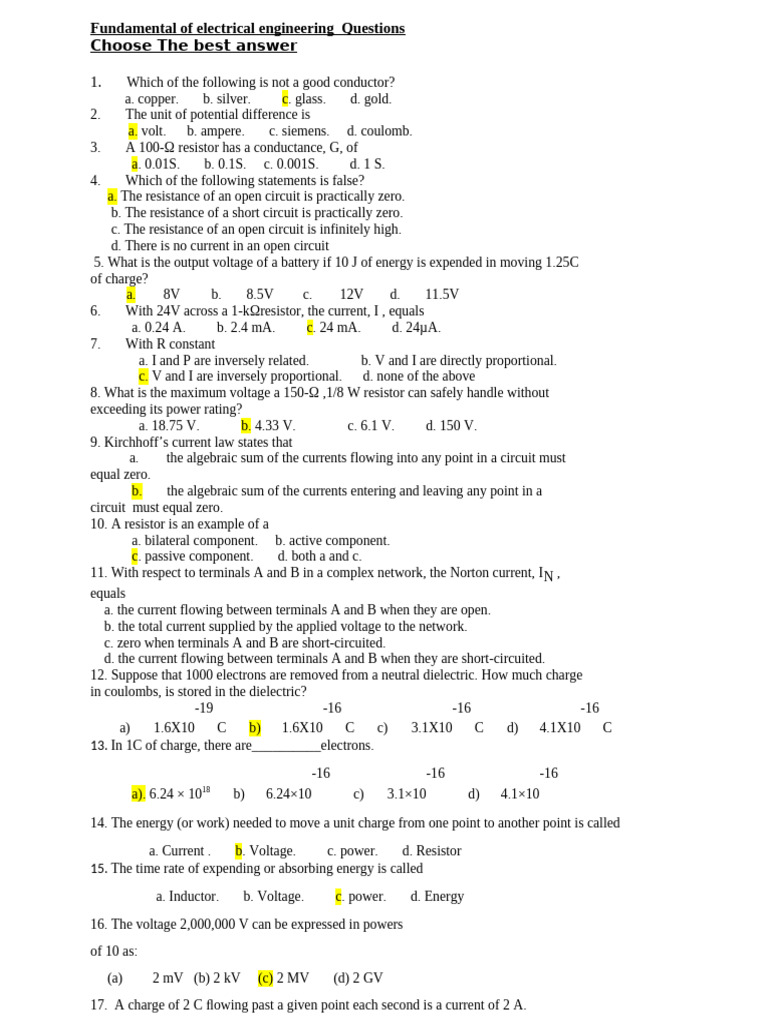 Electrical Engineering Quiz Questions | PDF | Voltage | Electric Current