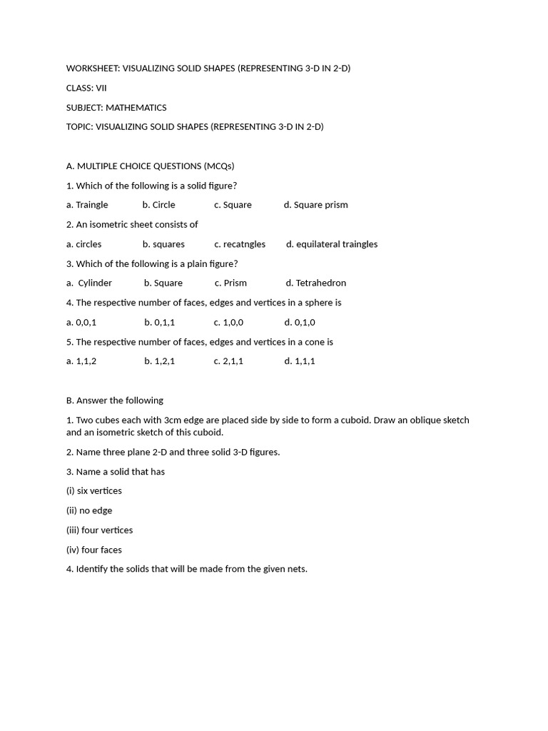 Visualizing 3D Shapes Worksheet | PDF