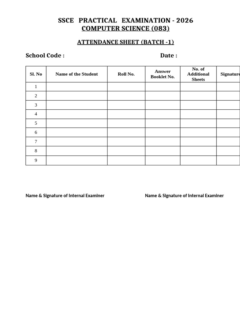 SSCE 2026 Computer Science Attendance Sheet | PDF