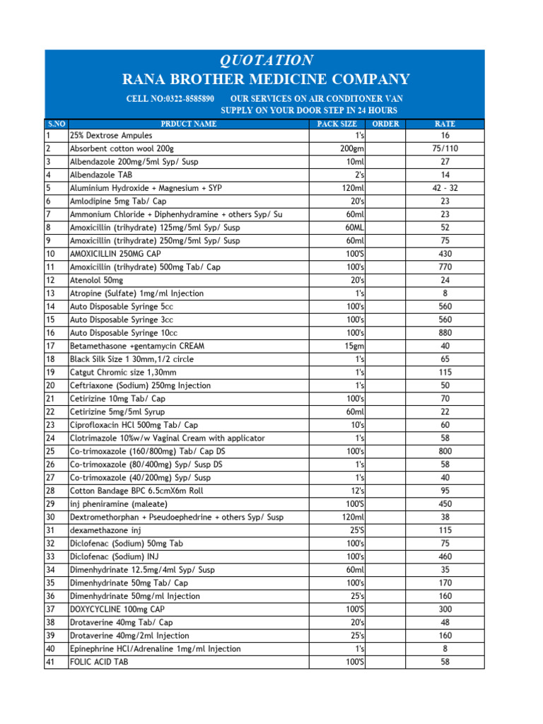 Rana Brother Medicine Supply List | PDF | Drugs | Chemical Substances