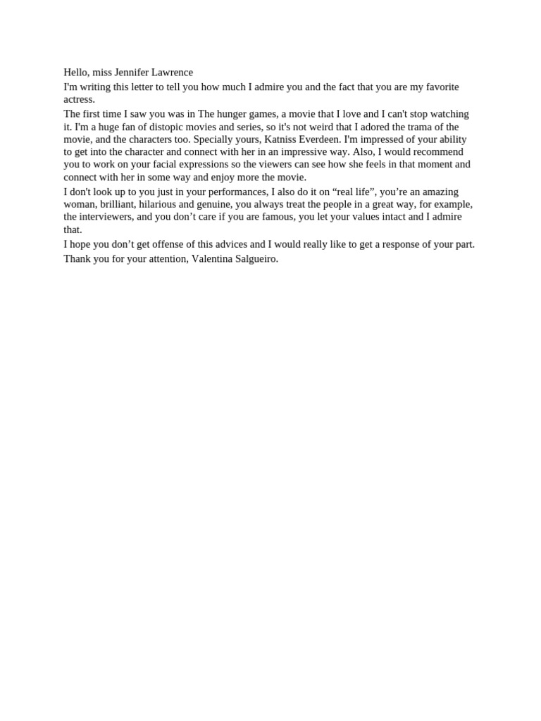 Admiration Letter to Jennifer Lawrence | PDF