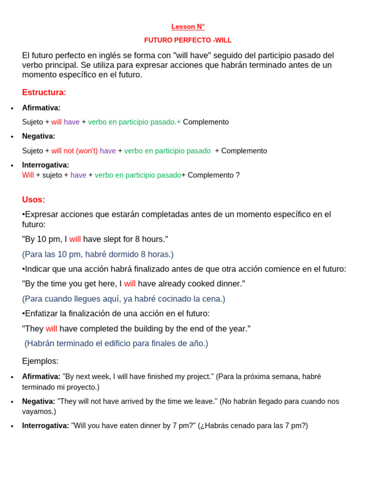 Futuro Perfecto en Inglés: Estructura y Usos | PDF | Lingüística | Sintaxis