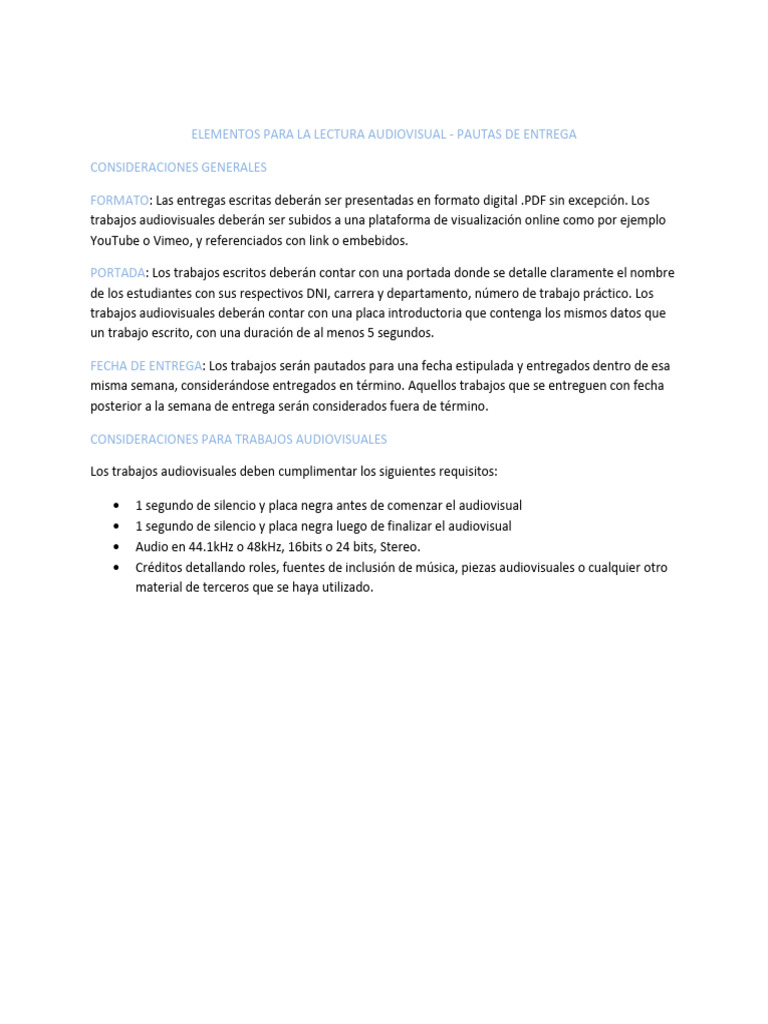 Pautas de Entrega Elementos Para La Lectura Audiovisual | PDF