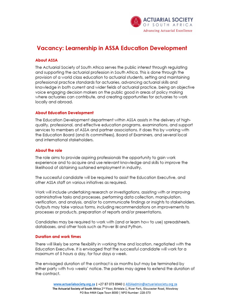 ASSA Education Development Learnership | PDF