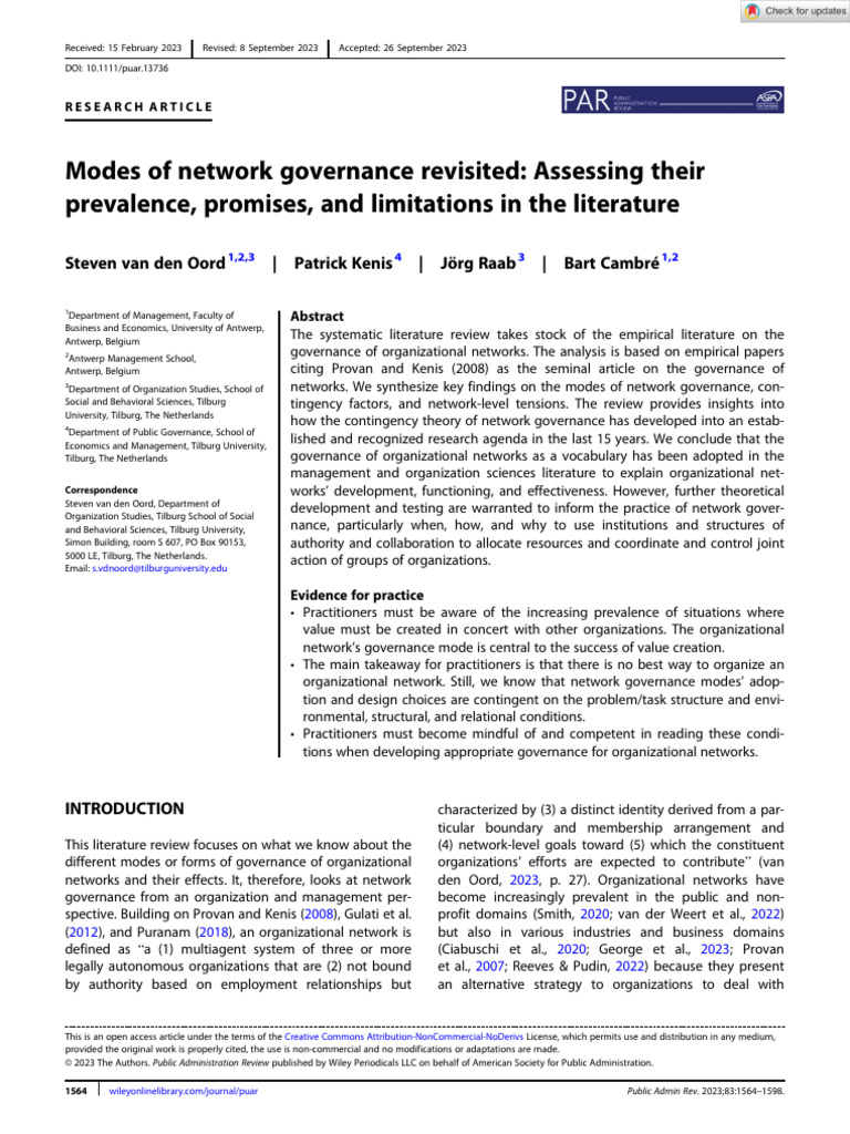 Modes of Network Governance Revisited Assessing Their Prevalence ...