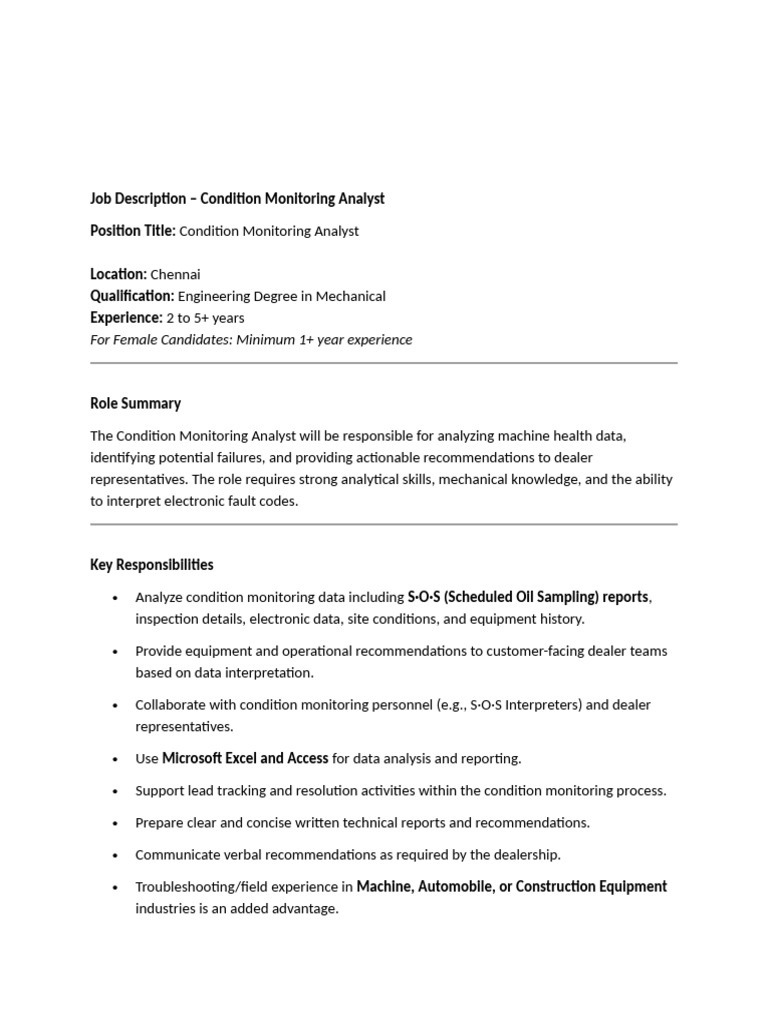 Job Description-Condition Monitoring Analyst | PDF