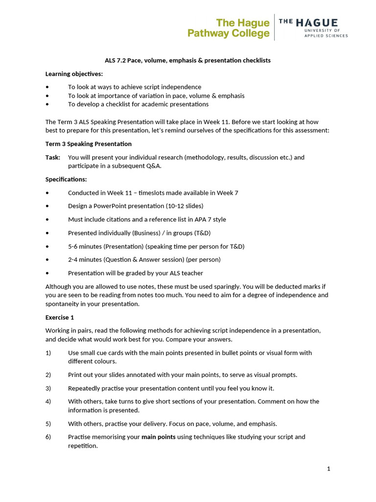 7.2 Pace, volume, emphasis presentation checklists | PDF | Genetic ...