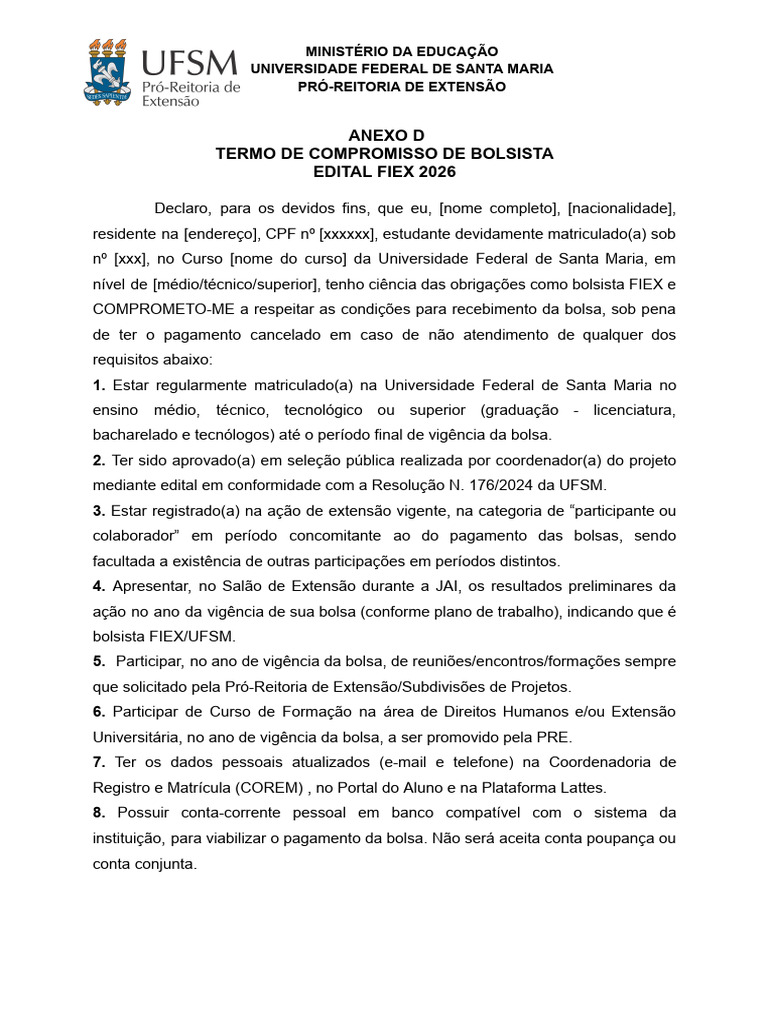 Termo de Compromisso Bolsista FIEX 2026 | PDF | Diploma de bacharel
