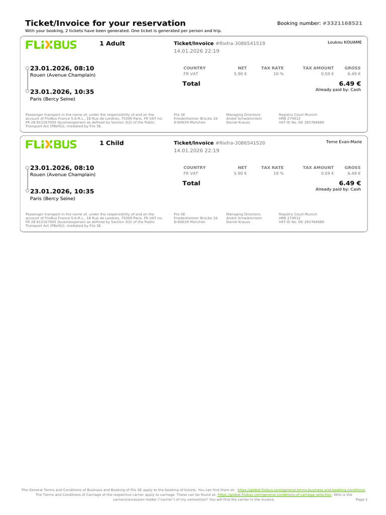 FlixBus Ticket Invoice for Rouen to Paris | PDF | Value Added Tax ...