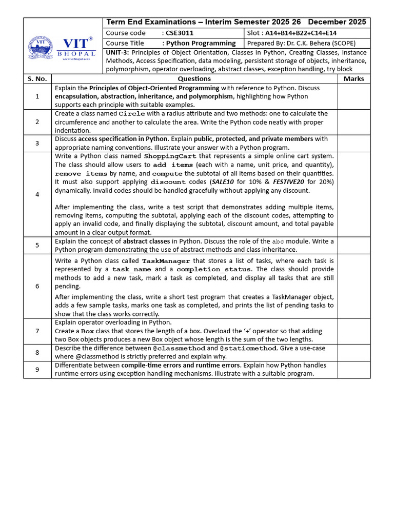 CSE3011- Python Programming - UNIT-3 | PDF | Class (Computer ...