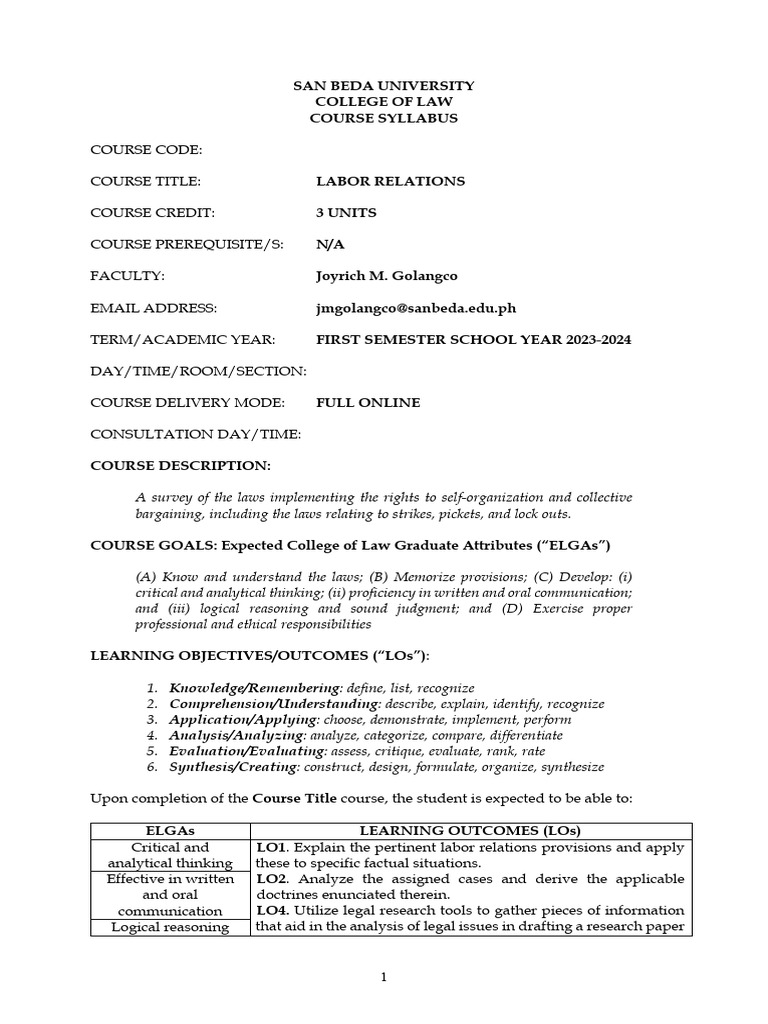 Labor Relations Course Syllabus 2023-2024 | PDF | Injunction ...