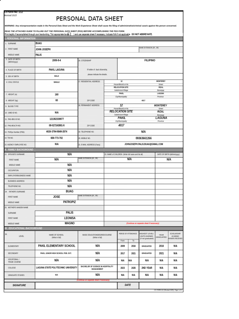 Personal Data Sheet CS Form 212 | PDF | Government