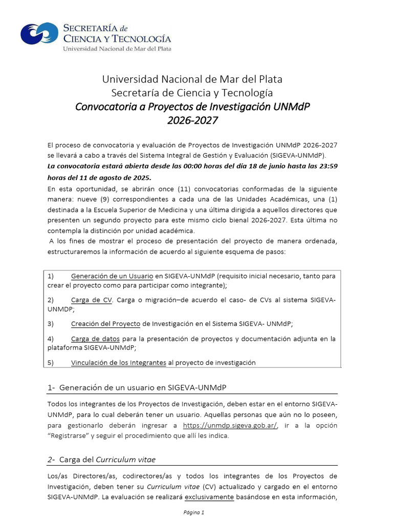 Convocatoria Proyectos Investigación UNMdP 2026-2027 | PDF | Bases de datos