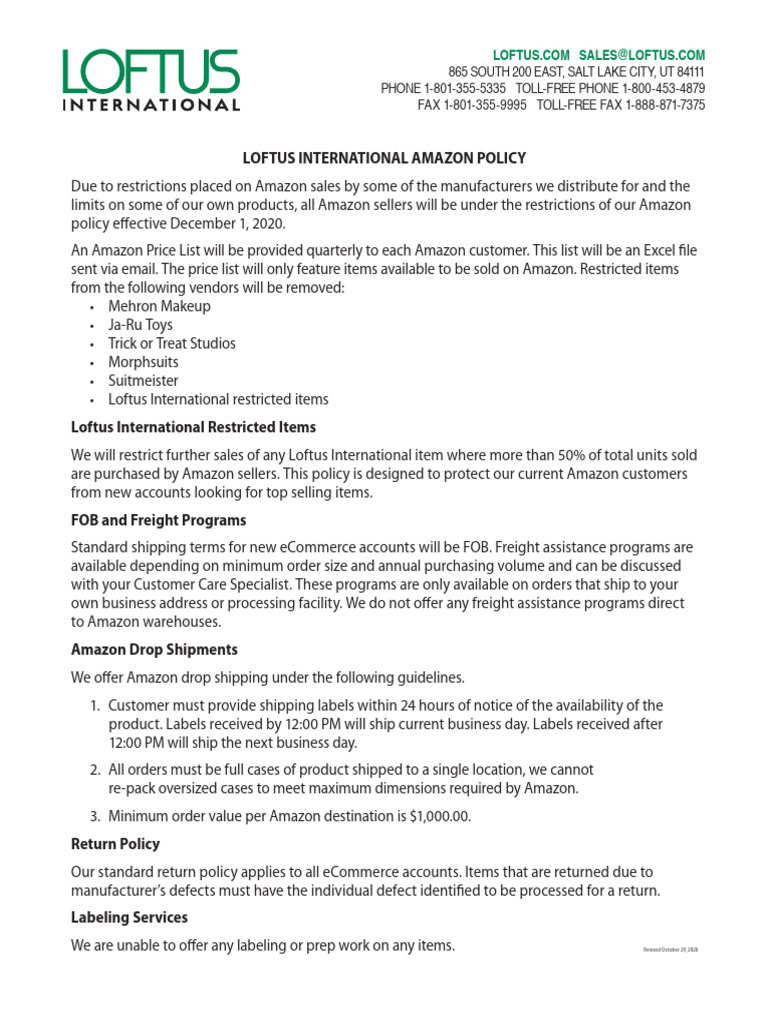 Loftus Amazon Seller Policy 1020 | PDF | Cargo | Business