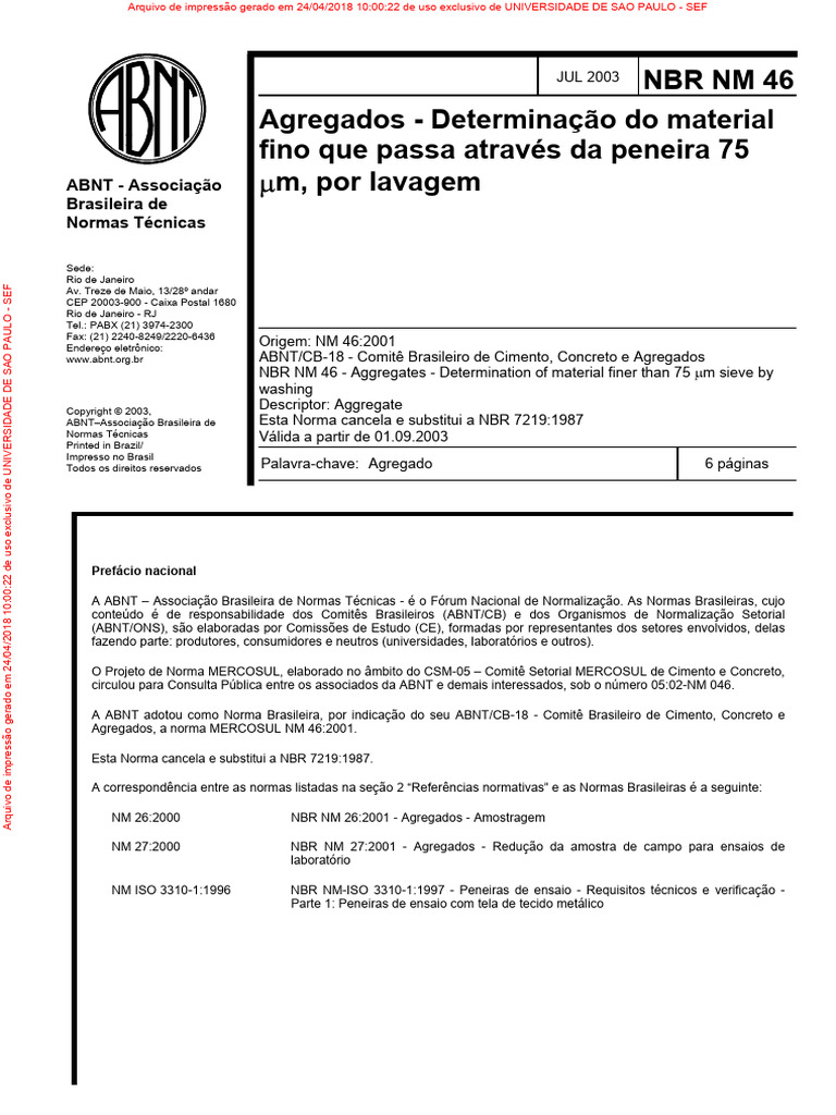 Norma NBR NM 46:2001 sobre Agregados | PDF | Água