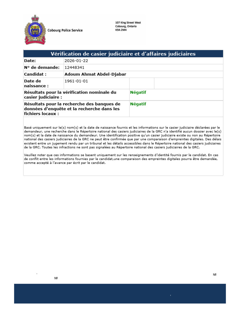 Vérification de casier judiciaire : Résultats | PDF
