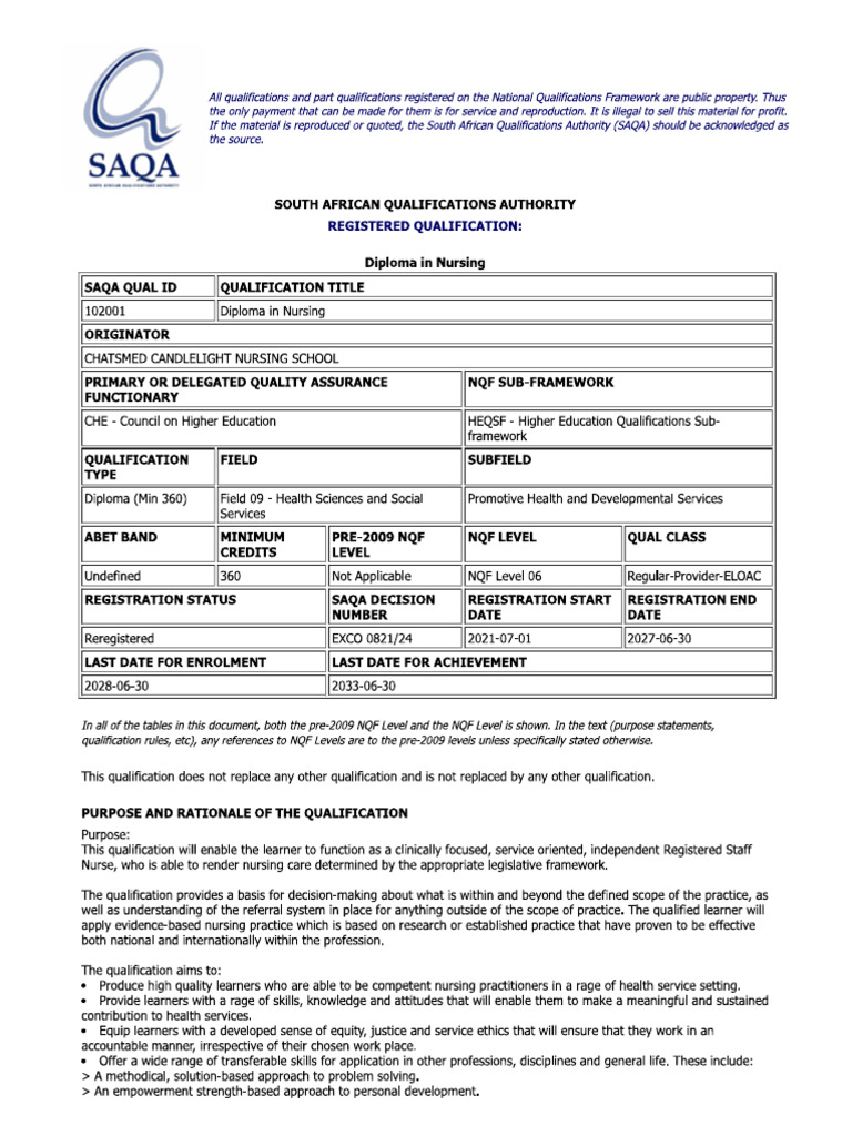 Diploma in Nursing Saqa | PDF