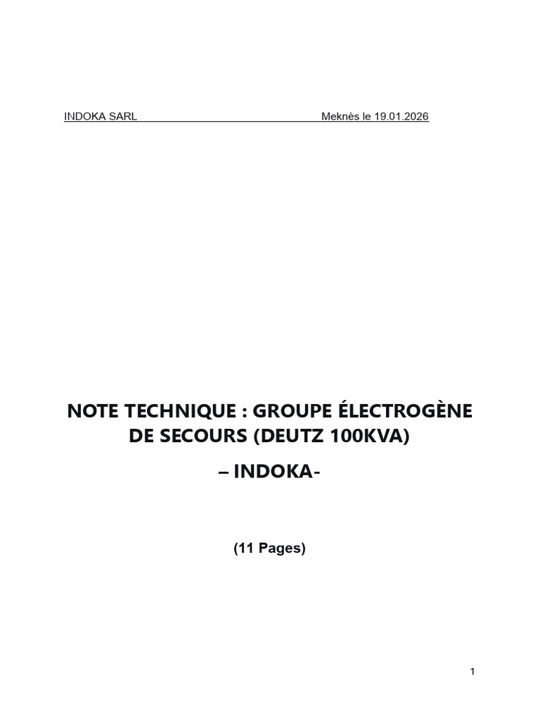 Note Technique sur Groupe Électrogène Deutz 100kVA | PDF