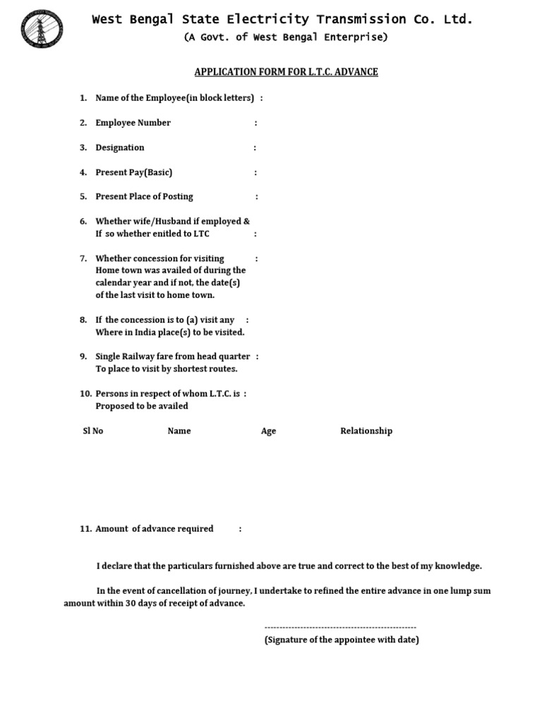 West Bengal LTC Advance Application Form | PDF