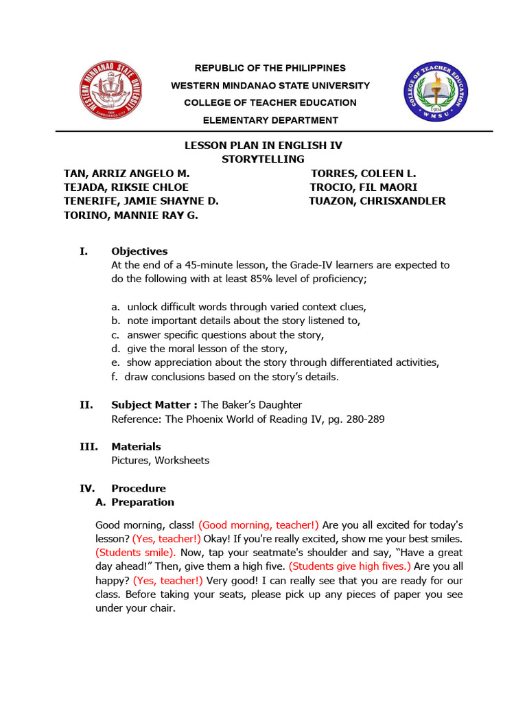 Grade IV Storytelling Lesson Plan | PDF