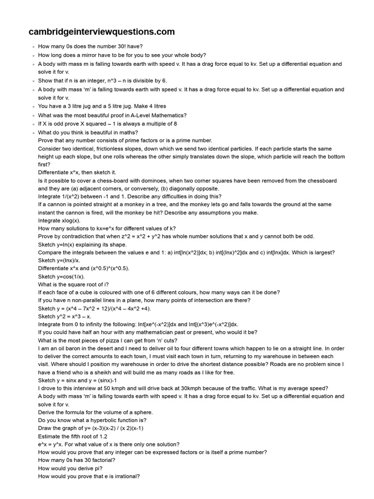 Cambridge Interview Math Questions | PDF | Numbers | Elementary Mathematics