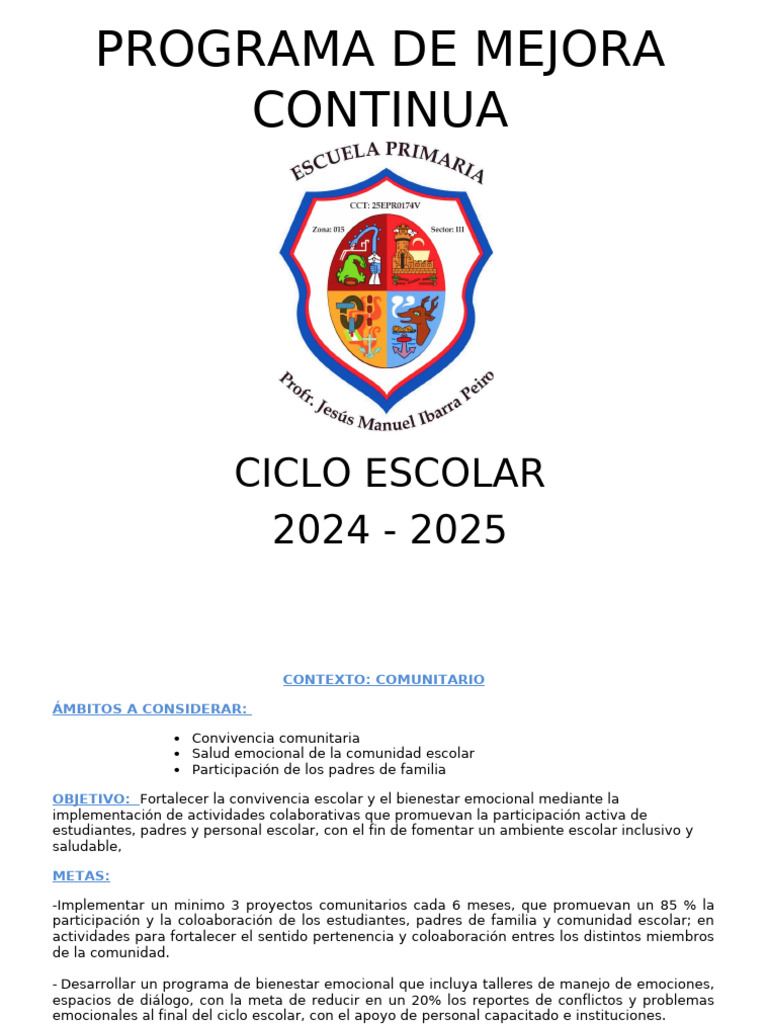 Mejora Continua en Convivencia Escolar 2024 | PDF | Escuelas | Las ...