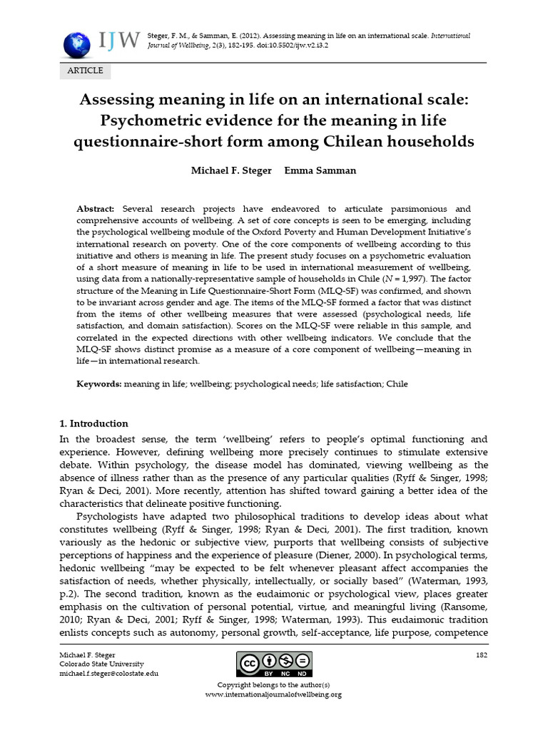 Meaning in Life Questionnaire Brief 6 Items | PDF | Well Being ...