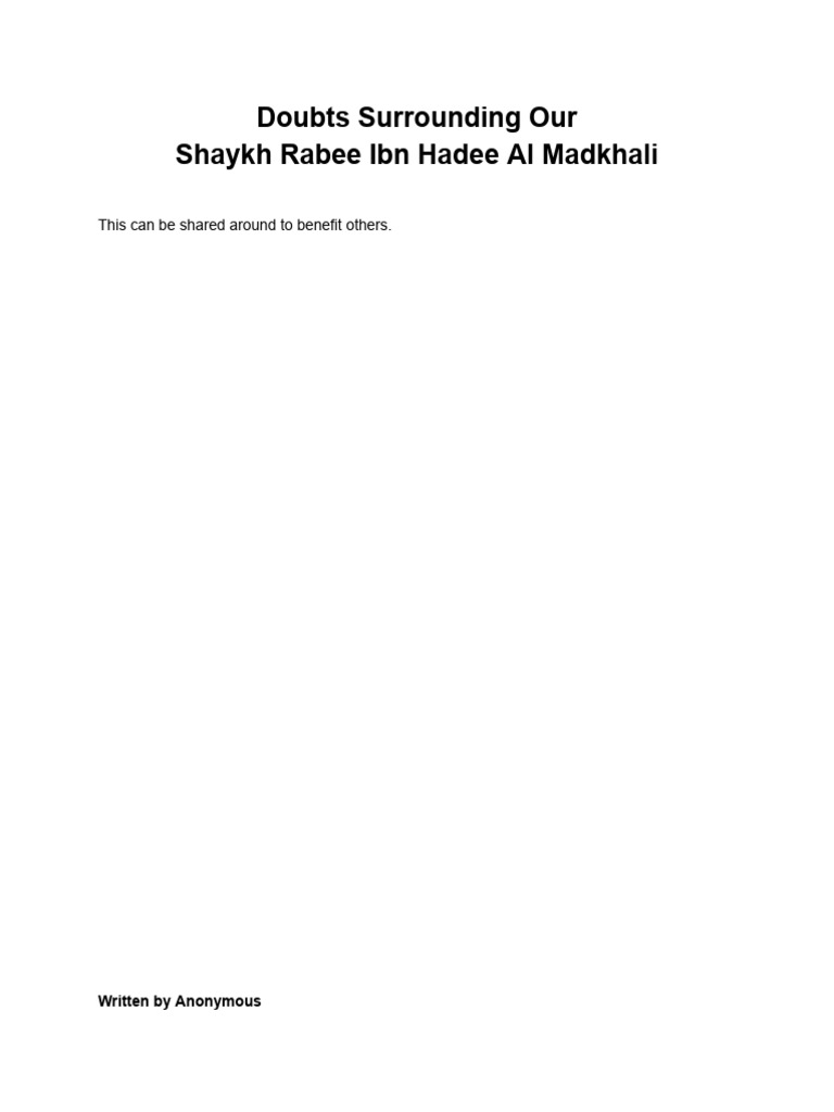 Defending Shaykh Rabee Ibn Hadee | PDF | Salafi Movement | God In Islam