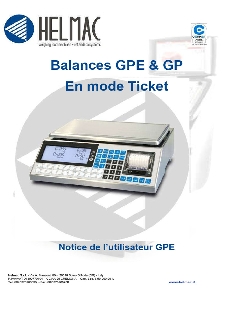 Notice d'utilisation Balance Helmac GP GPE | PDF | Balance (instrument ...