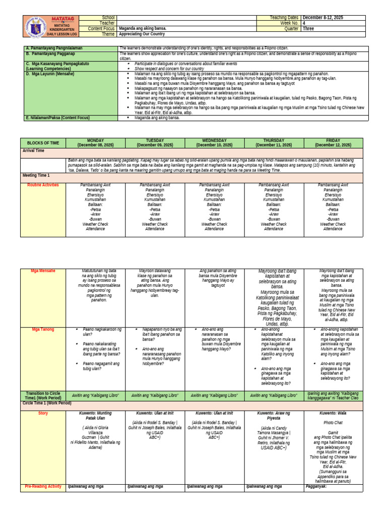 Kinder DLL - Quarter 3. Week 4.matatag Curriculum 1 | PDF