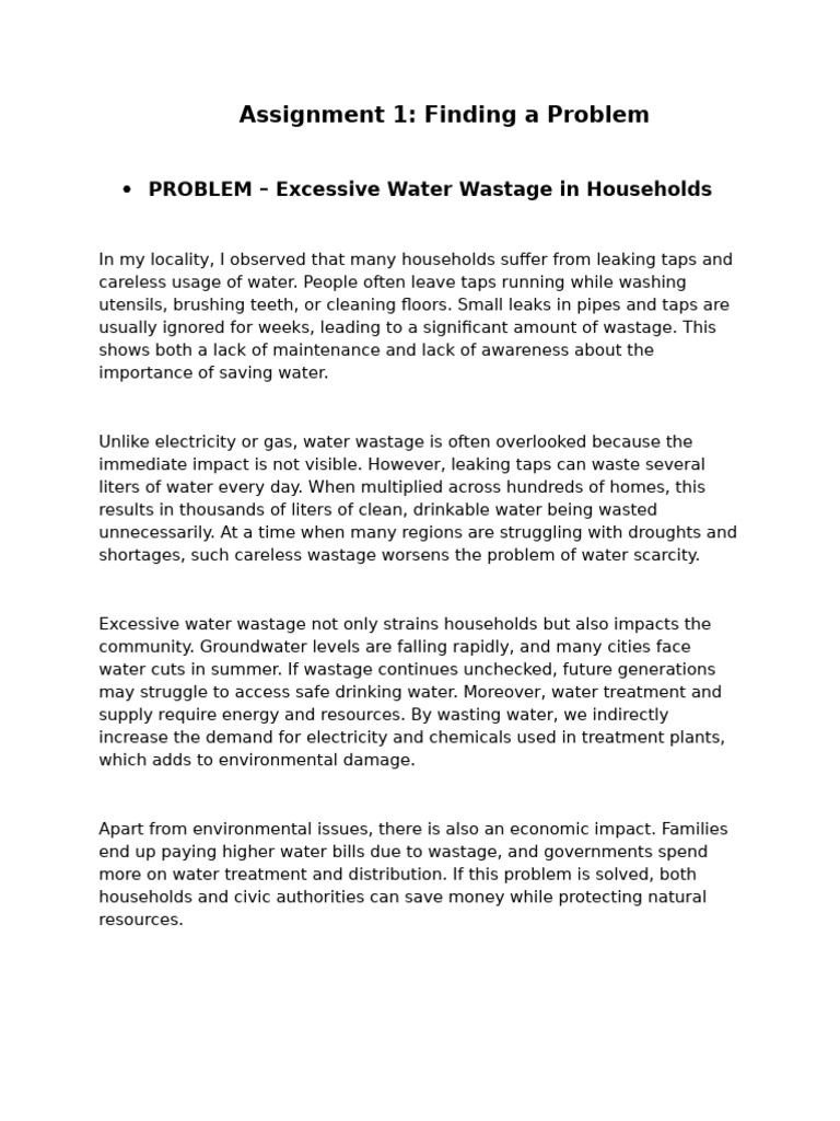 Excessive Water Wastage Assignment | PDF | Water Conservation | Water